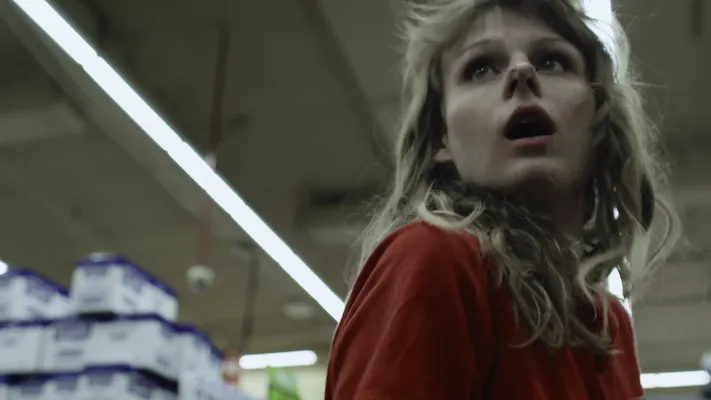 Close up of a woman in a supermarket with a shocked expression on her face